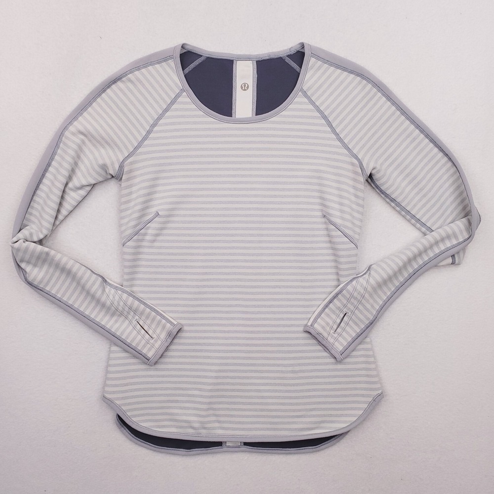 Lululemon Swiftly Tech Shirt Womens 6 Gray Striped Reversible Thumbholes Scoop